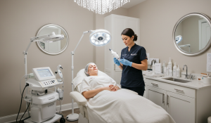 Medical spa practitioner preparing a client for their first microneedling session.