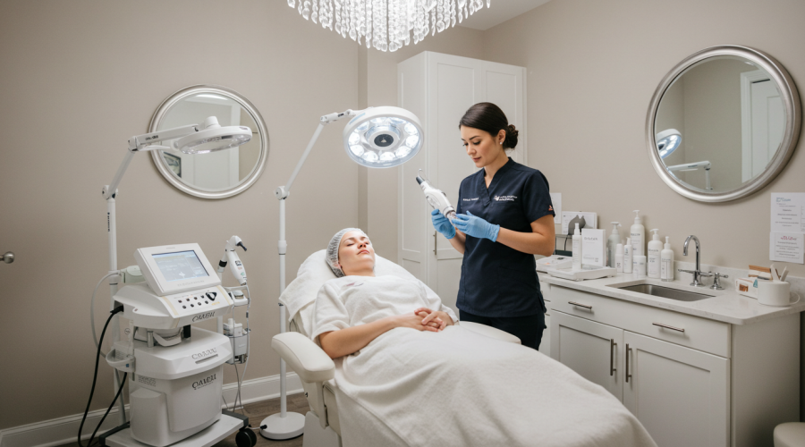 Medical spa practitioner preparing a client for their first microneedling session.